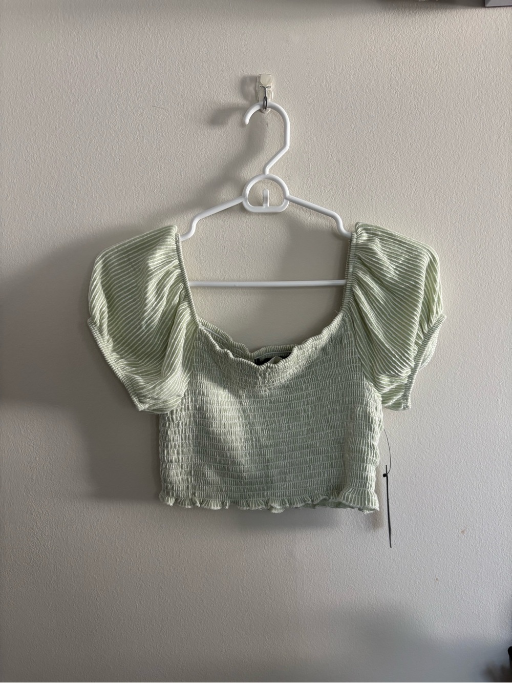 Caution To The Wind Sage Green Smocked Puff Sleeve Crop Top